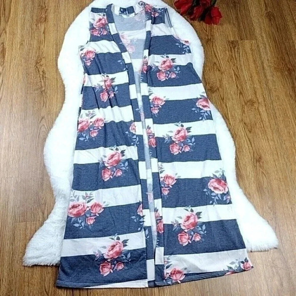 Amelia James Striped Floral Long Duster Sleeveless Boho Kimono with Pockets - Picture 9 of 10